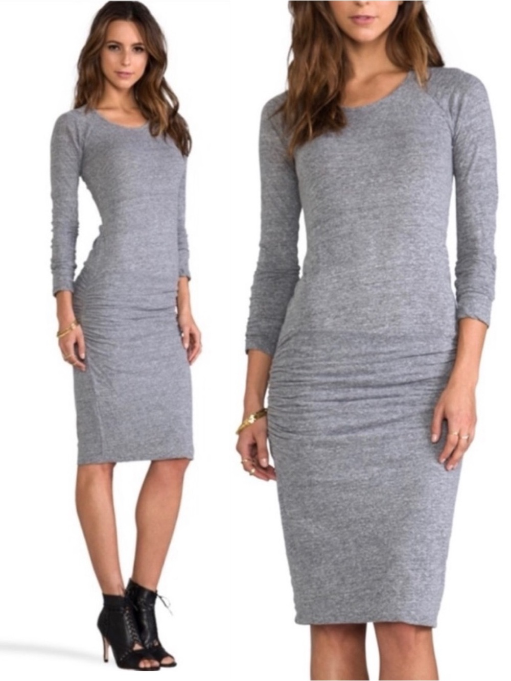 Monrow Granite Soft Shirred Bodycon Fitted Long Sleeve Dress Y2K